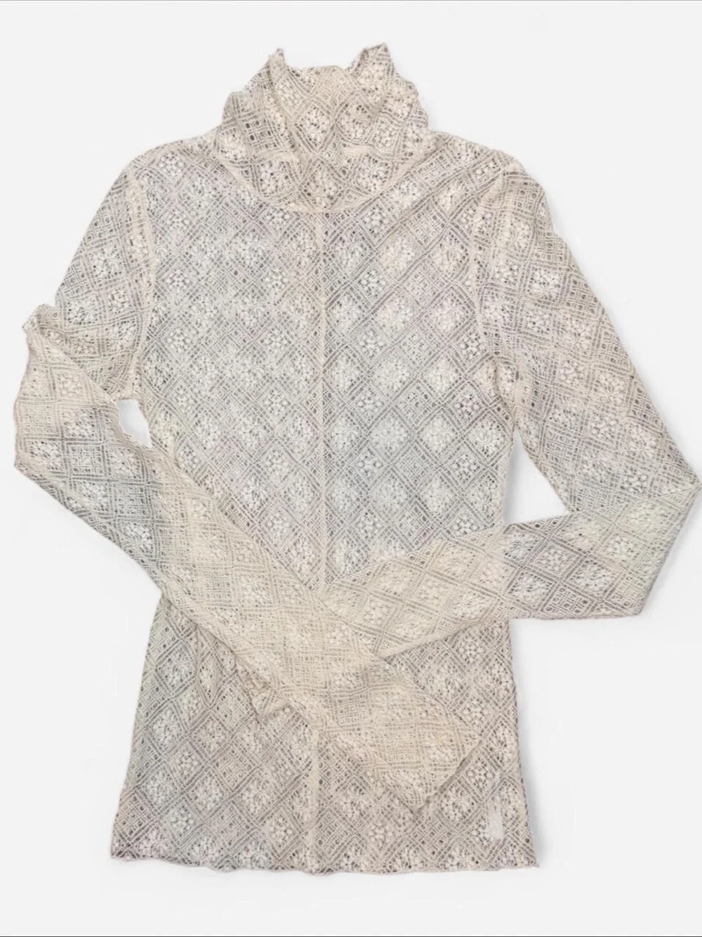 Free People Sheer Lace Turtleneck Top Cream Boho Size S